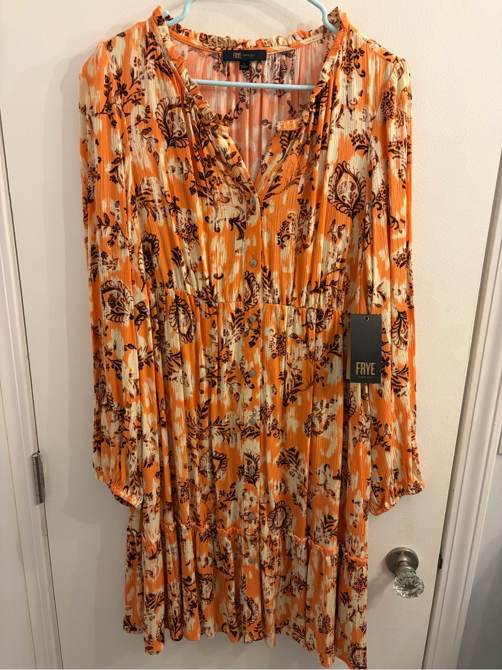 FRYE Orange and Cream Floral Long-Sleeve Button-Front Dress